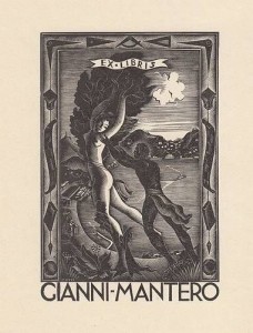 Ex libris per Mantero - Apollo e Dafne con veduta di Como - Xilografia su legno di filo (X2), 1937, mm 113 x 75 