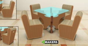 Rendering dello stand B+B con le poltroncine illustrate sopra