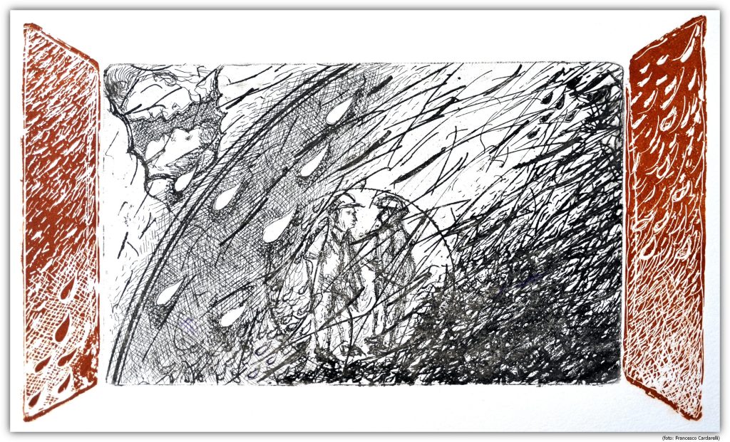 51) La sfera pensante, 2023, acquaforte in negativo e positivo, mm. 150 x325