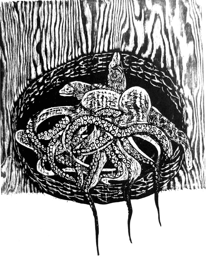 Gianni Verna - Cavagni di polpi e murene (Eugenio Montale) Luci d'inverno, xilografia, mm 600 x 480 - 1992